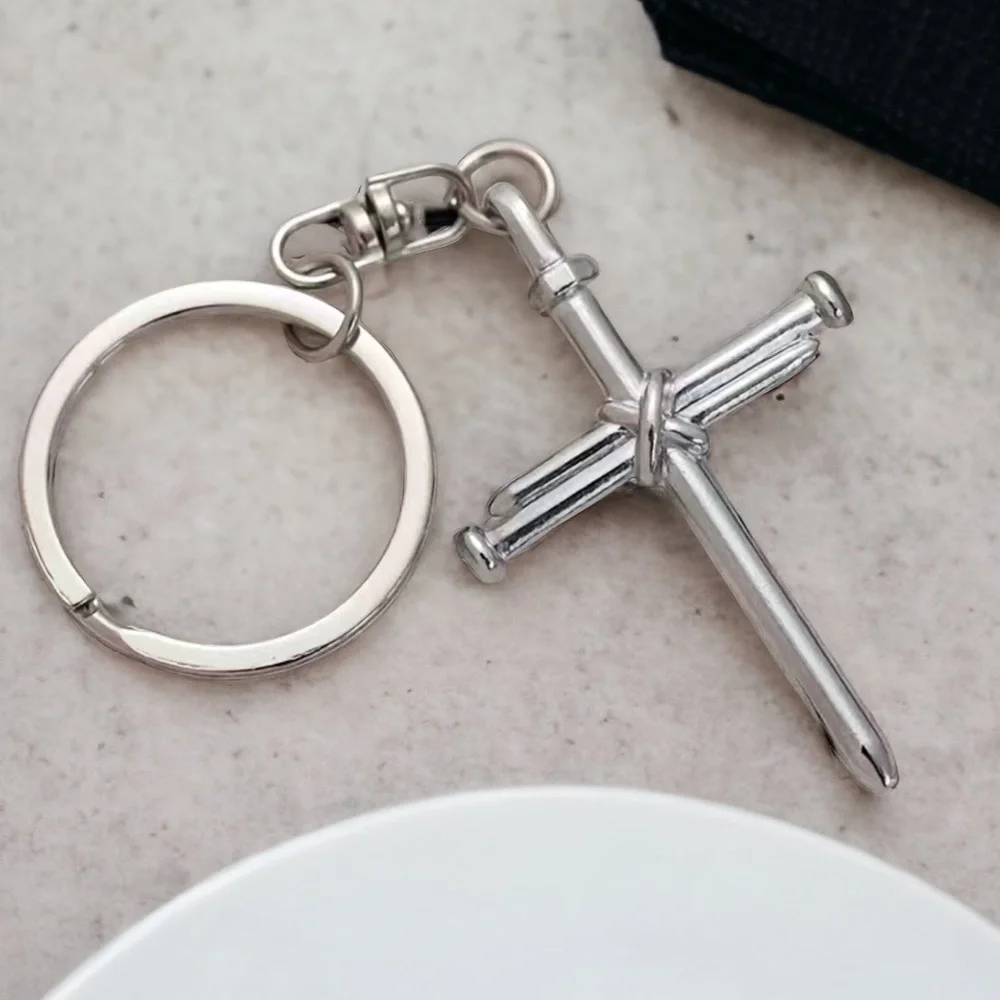 3 Nail Cross Keychain Religious Christian Key Ring Accessory Silver Unisex Gift